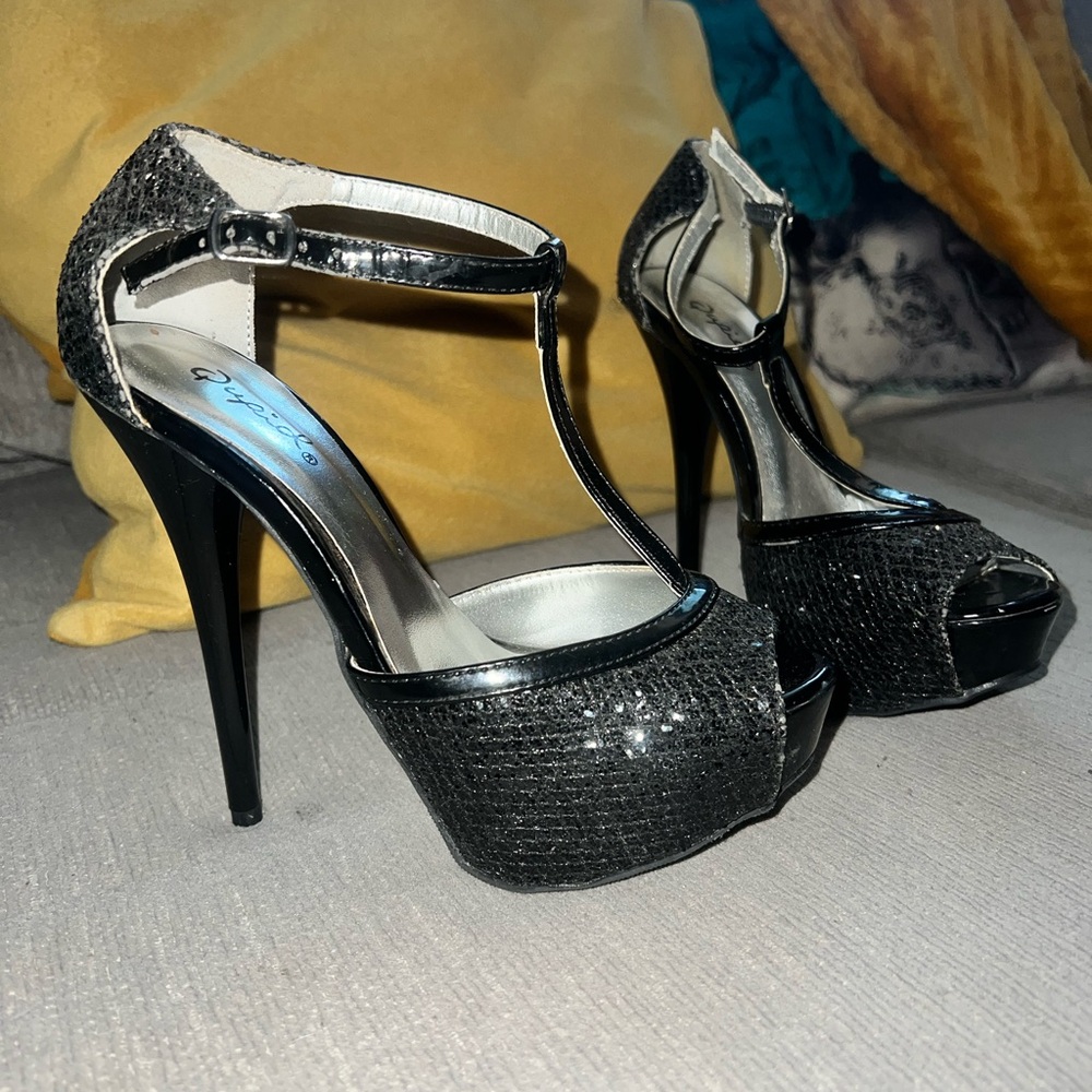 Cupid Black Glitter Peep-Toe Heels